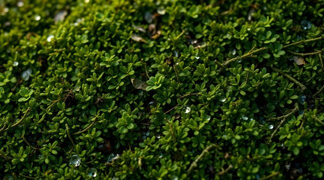 Macro Shot of Lush Green Ground Cover Plants with Dew Drops