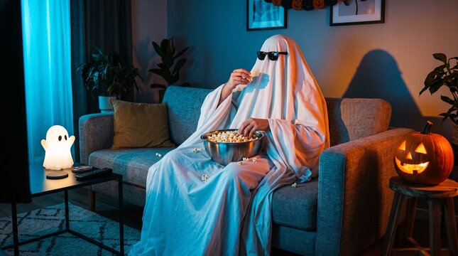 Person wearing a ghost costume and sunglasses eating popcorn while watching television in a living room