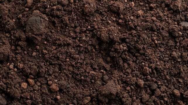 Rich dark brown soil reveals a crumbly texture, displaying organic components ideal for gardening and enriching plant growth