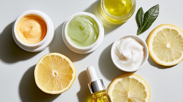 Vibrant skincare creams, fresh lemon slices, and herbal leaves arranged beautifully, representing natural beauty concepts