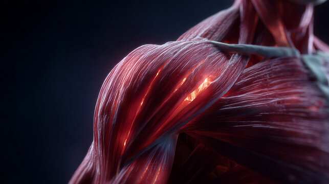 Detailed 3D anatomical visualization of human muscle tissue with illuminated muscle fibers, designed for medical education, anatomy research and healthcare communication.