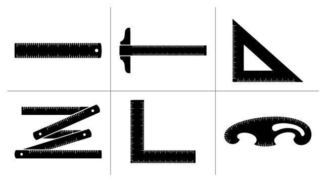 Measuring tool silhouettes set with ruler, T-square, triangle, folding rule, L-square and French curve for drafting and design