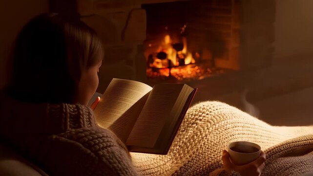 Cozy reading by fireplace with warm glow and open book