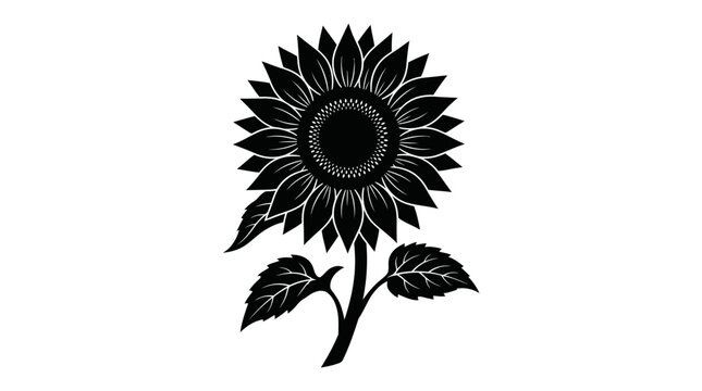 Black and white sunflower vector illustration, monochrome floral silhouette graphic, botanical blossom icon for logo design isolated PNG with Transparent Background