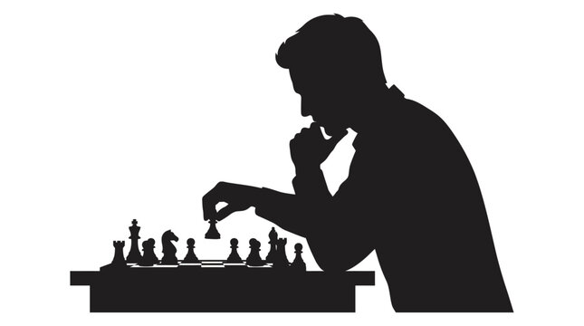 Chess player silhouette thinking during match, focused man playing board game graphic, black strategic planning vector illustration isolated PNG with Transparent Background
