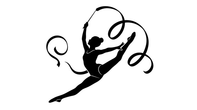 Rhythmic gymnastics silhouette vector illustration, athletic female dancer performing with ribbon, sports competition design element isolated PNG with Transparent Background