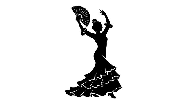 Spanish Flamenco Dancer Silhouette, Traditional Dancing Woman Vector Illustration, Black Dress Dancer with Hand Fan isolated PNG with Transparent Background