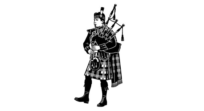 Vintage Scottish Bagpiper Line Art Vector, Traditional Piper in Kilt Engraving, Highland Musician Graphic Illustration isolated PNG with Transparent Background