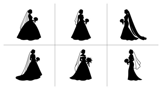 Bride silhouettes set with wedding dresses and bouquets for invitation design