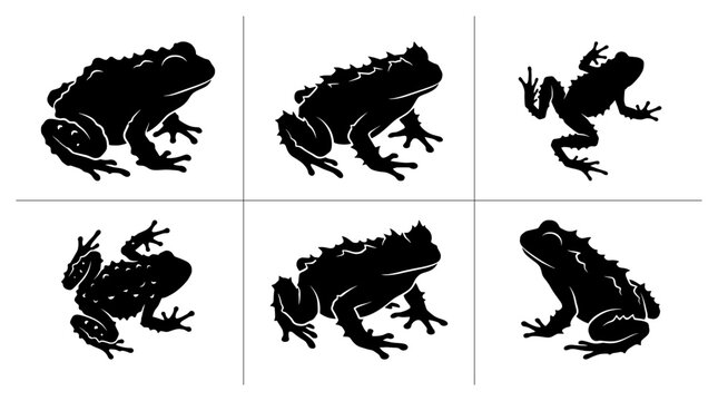 Spiny frog silhouettes set with various poses for amphibian or wildlife themes