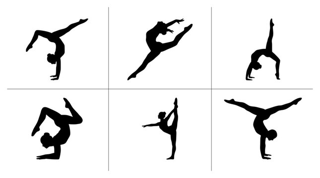 Gymnast silhouettes set with figures performing splits, leaps and handstands for sports and fitness logos