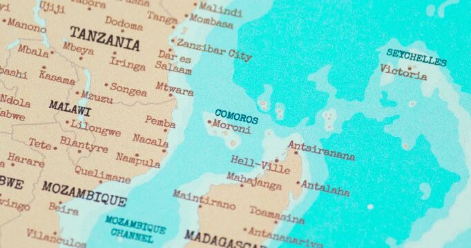 Zoom in view of comoros on a vintage political world map