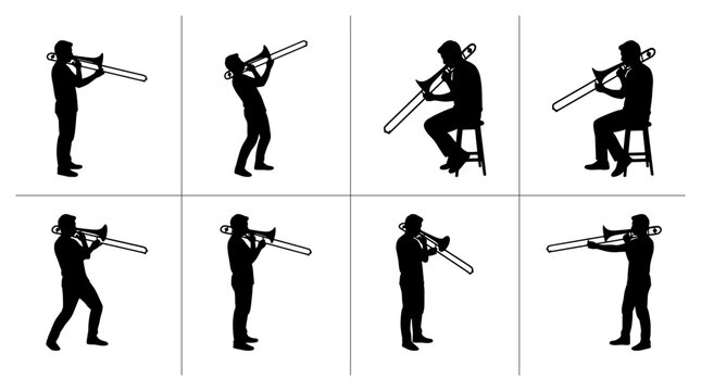 Trombone player silhouettes set with figures standing and sitting, jazz music and brass band for logo or signage