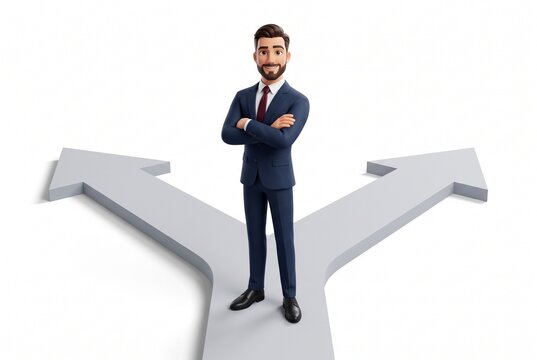 3D businessman mascot looking at a Y-shaped fork in the road arrow