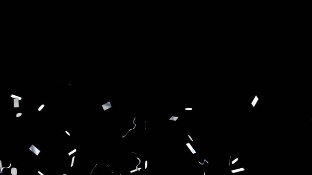 Diamond white silver metallic foil confetti triple sequential burst on black background, 10s 4k winter party stage explosion video overlay for screen blend mode, celebration motion graphic