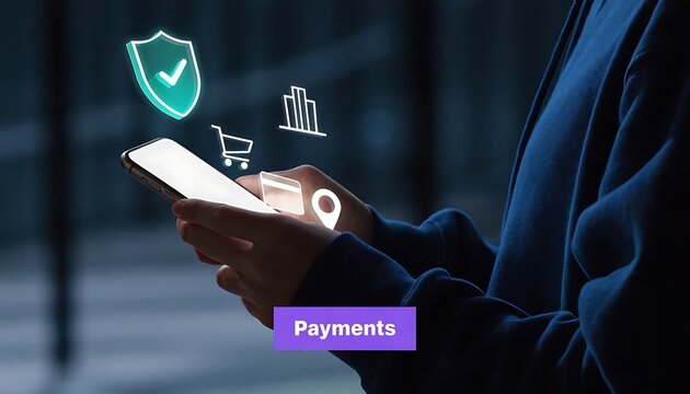 A person holding a smartphone displays digital icons representing online shopping and secure payments mobile device cellular handheld technology