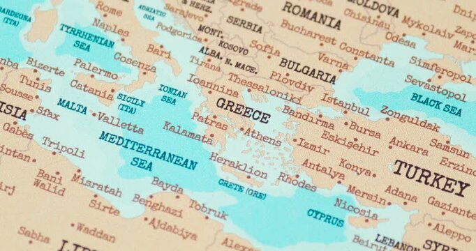 Zoom in view of greece on a vintage political world map