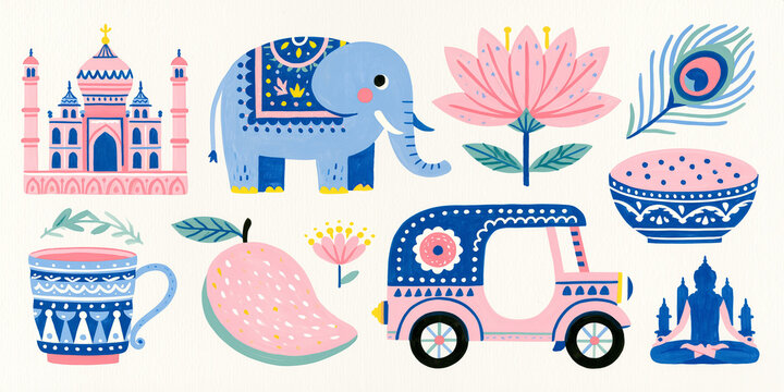 Colorful illustrated elements featuring an elephant, lotus flower, and a car.