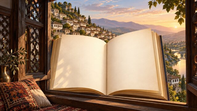 Surreal Architectural Editorial Banner of Open Berat Window Over Blank Paper