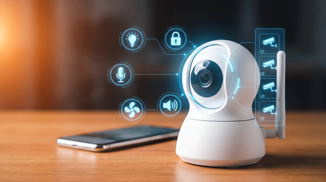 Smart home security camera with smartphone and digital control icons