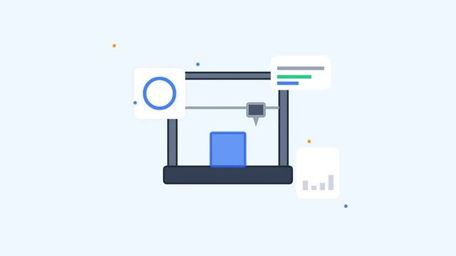 Flat vector illustration of 3D printer manufacturing a part.