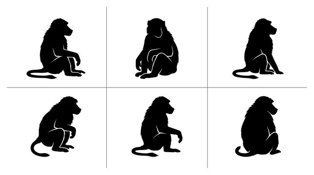 Baboon silhouettes set in various sitting poses for wildlife or zoo themes