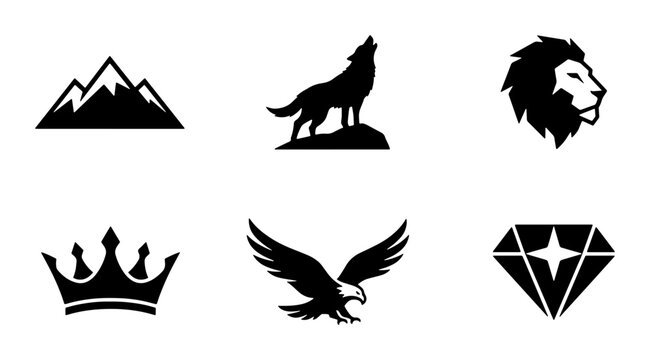 Majestic animal and symbol icons set with mountains, wolf, lion, crown, eagle and diamond for logos