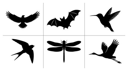 Fototapeta premium Flying animals silhouettes set with eagle, bat, hummingbird, swallow, dragonfly and crane for logo or icon