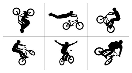 Naklejka premium BMX rider silhouettes set with acrobatic stunts, extreme sports and cycling for logos and signage