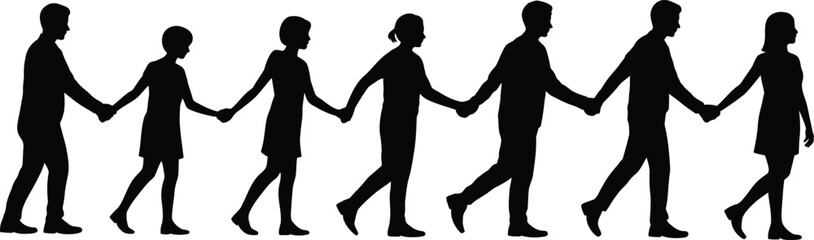 Fototapeta premium Group of diverse people holding hands in a line formation silhouette
