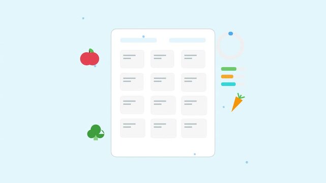 Meal planning dashboard with apple carrot and broccoli icons