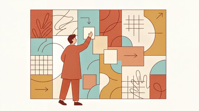 Creative Brainstorming, A lone designer organizes visual ideas on a large geometric concept wall
