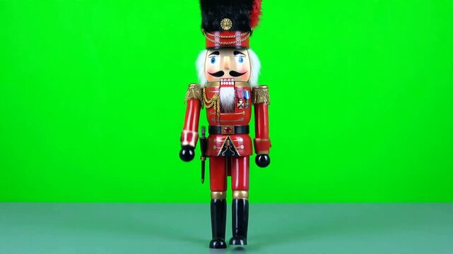 Wooden nutcracker soldier toy marching on green screen background