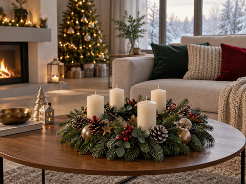 Rustikaler Adventskranz mit vier unbeleuchteten roten Kerzen, &Auml;pfeln, Waln&uuml;ssen und roten Samtschleifen. Die nat&uuml;rliche Weihnachtsdekoration auf dem Holztisch verbindet klassischen Landhausstil mit fe
