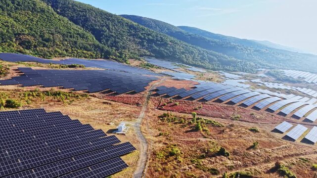 Large fields of solar panels spread across hills under bright daylight. The site is part of a renewable energy project aimed at harnessing solar energy.