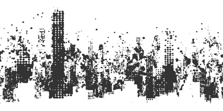 Abstract monochrome grunge halftone city skyline silhouette with distressed ink splatters background vector illustration.