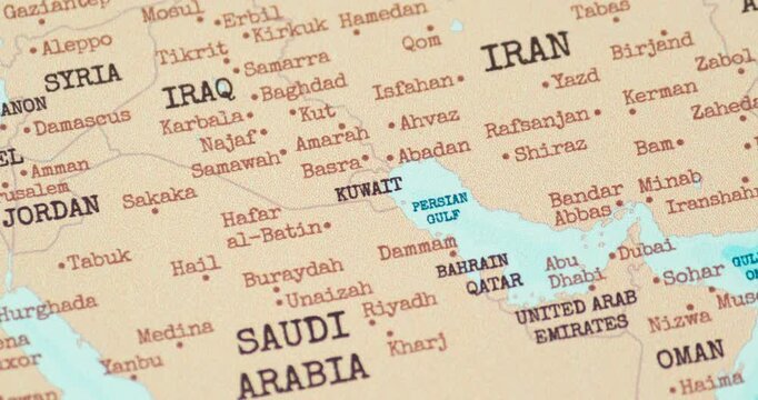 Zoom in view of kuwait on a vintage political world map