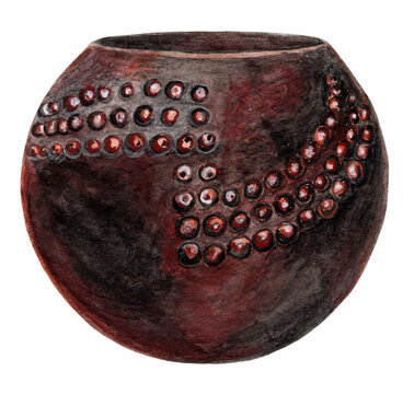 Traditional Zulu ukhamba beer vessel from South Africa. Rounded dark terracotta pot with raised relief bead or scarification pattern, southern African indigenous pottery art. Artwork.