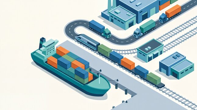 Global Logistics Hub, An isometric view of an industrial port with ships, trains, and trucks moving cargo