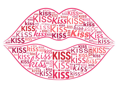 Lip-shaped word cloud composed of the word kiss in pink and red typography against a white background. Perfect for Valentine day greeting cards, romantic apparel prints, beauty blog banners.