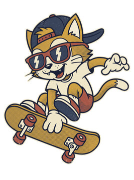 Cool cat riding a skateboard in retro cartoon mascot style isolated on transparent background. Ideal for streetwear apparel, skateboard stickers, youth merchandise.