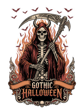 Grim reaper skeleton in red hood holding a ornate scythe framed by flames, bats, and skulls. Ideal for metal album covers, gothic apparel prints, Halloween event posters.