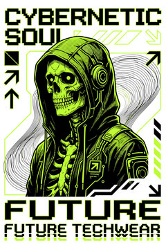 Cybernetic skeleton wearing a hooded sweatshirt and headphones surrounded by futuristic text and arrows on a white background. Ideal for techwear apparel, gaming posters, cyberpunk sticker prints