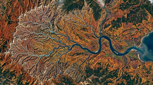 Aerial View of Winding River in Rugged Mountainous Landscape
