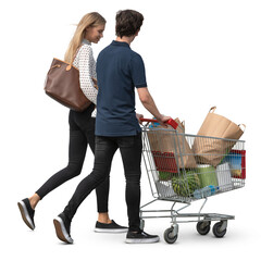 Obraz na płótnie Canvas Young couple with a shopping trolley buying groceries together, isolated on white and transparent background
