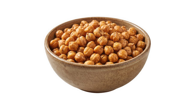 A ceramic bowl filled with roasted chickpeas, featuring warm golden brown tones and crunchy textures, isolated on transparent background for recipe designs