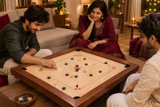 Adults Playing Carrom During a Diwali Inspired Home Celebration