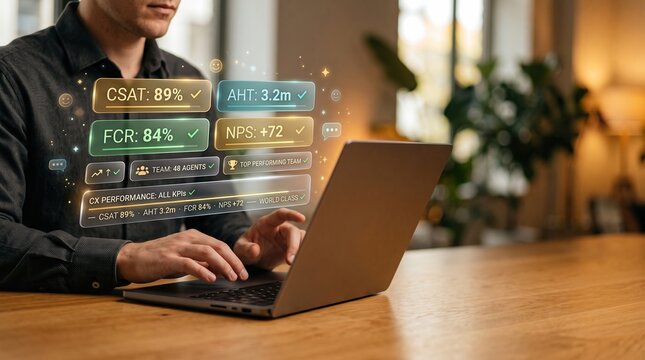 Customer experience performance dashboard showing CSAT, average handling time, first contact resolution and net promoter score KPIs, with CX manager analyzing rising service metrics in a warm