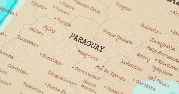 Zoom in view of paraguay on a vintage political world map