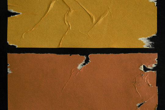 Black, orange, brown Crumble wrinkled paper pieces patch collage. Art Poster wall. Abstract grunge dirty texture contrast background.